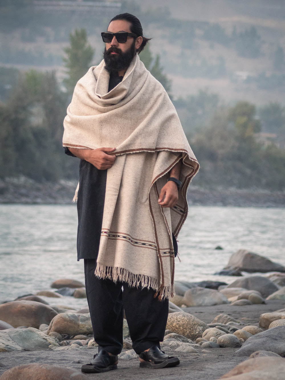 Vintage Cream Color with Texture Handwoven Thick Shawl - Bold Geometric Detailing - Chitral Wool