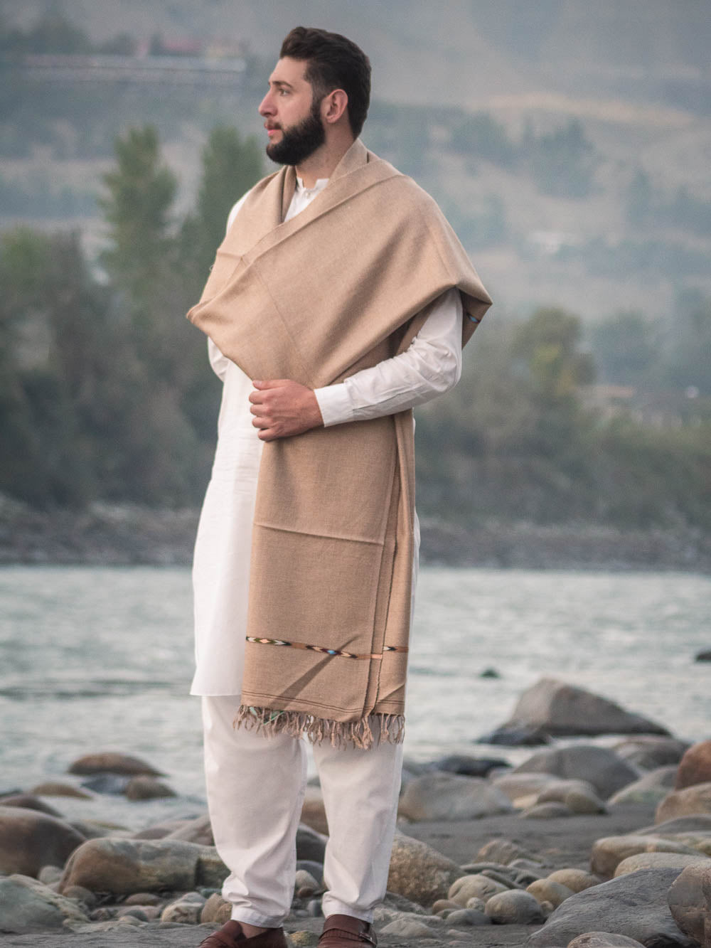 Handwoven Dark Beige Pure Wool Shawl with Border - Lightweight - Chitral Wool