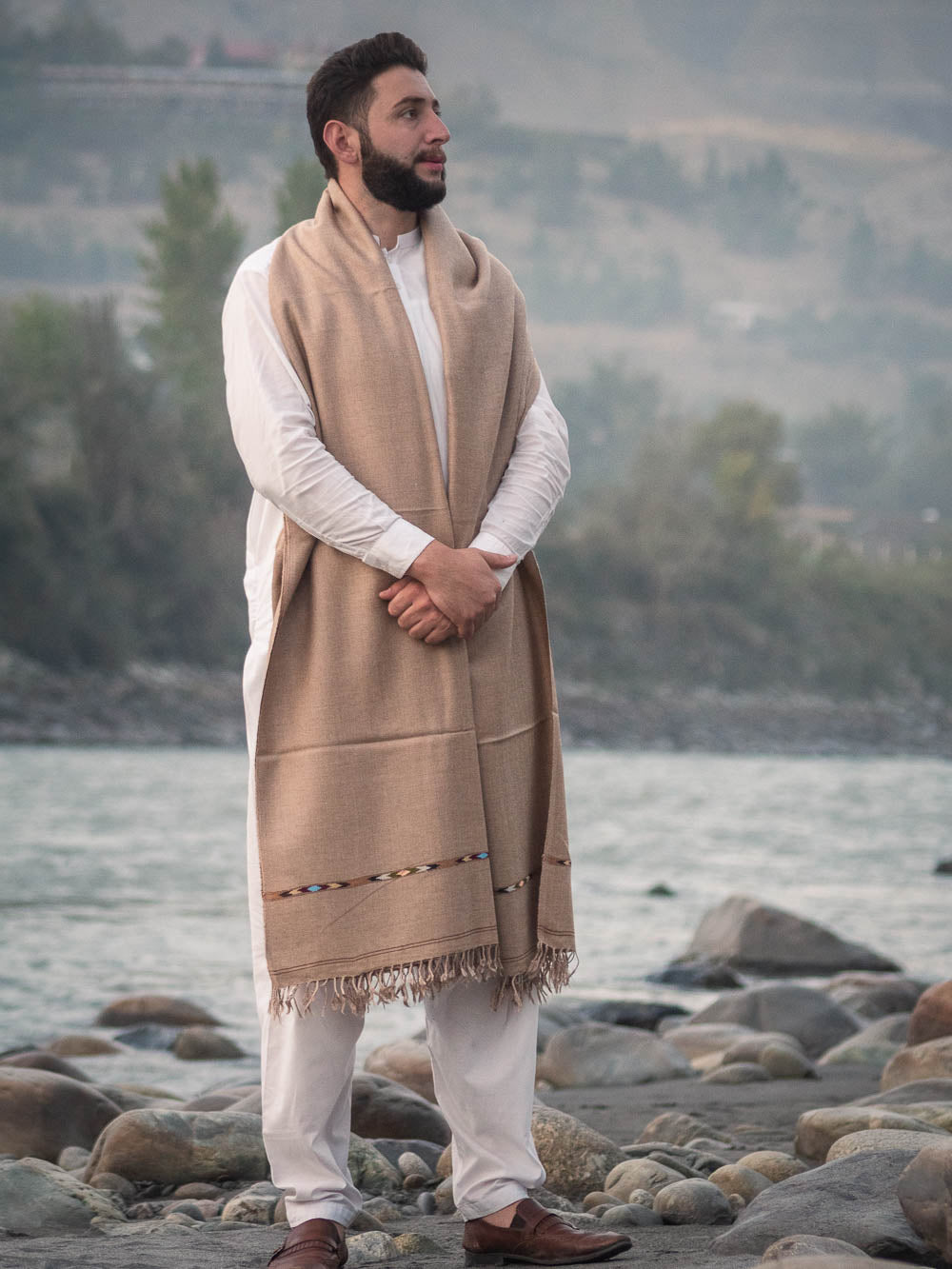 Handwoven Dark Beige Pure Wool Shawl with Border - Lightweight - Chitral Wool