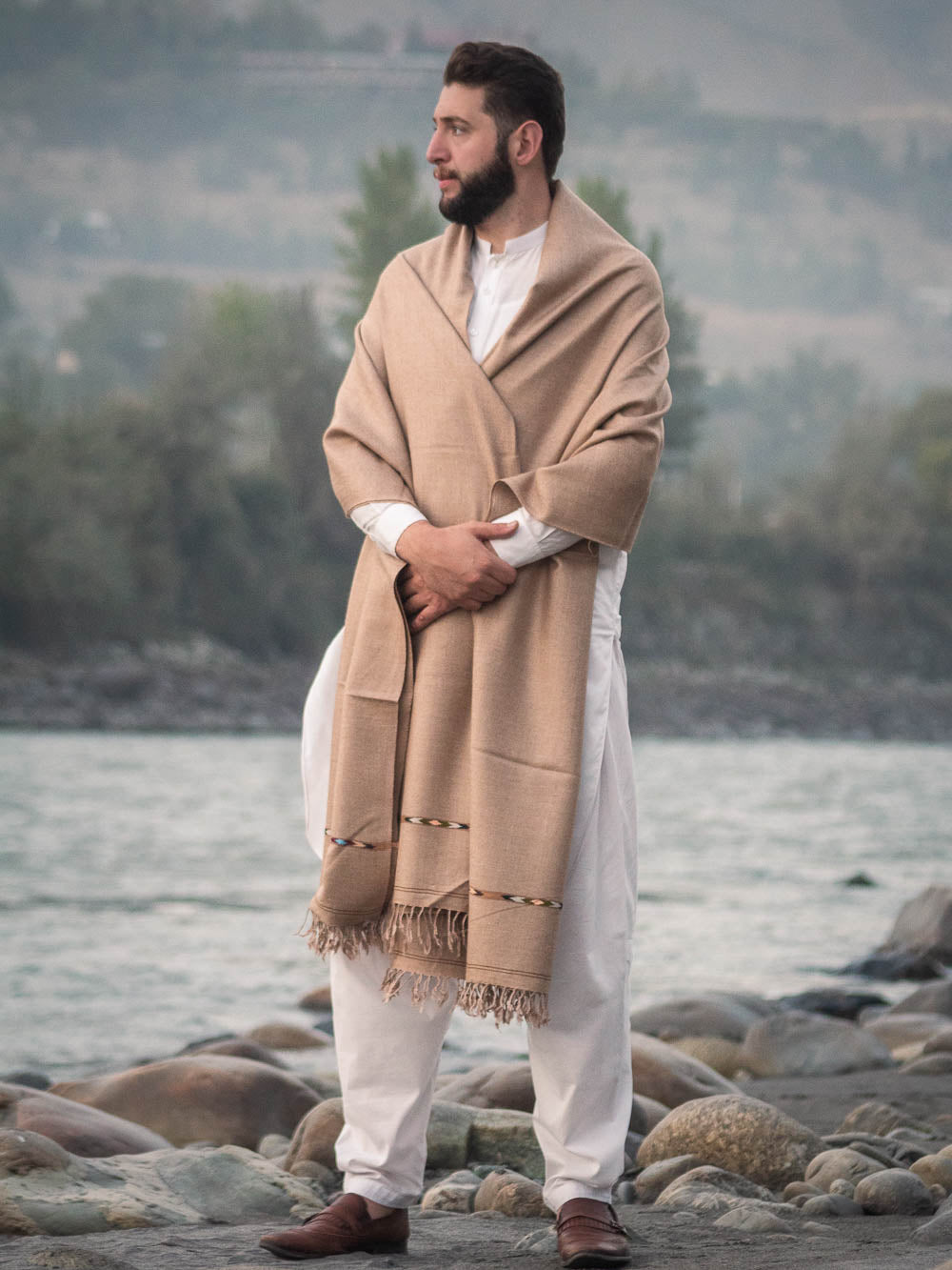 Handwoven Dark Beige Pure Wool Shawl with Border - Lightweight - Chitral Wool