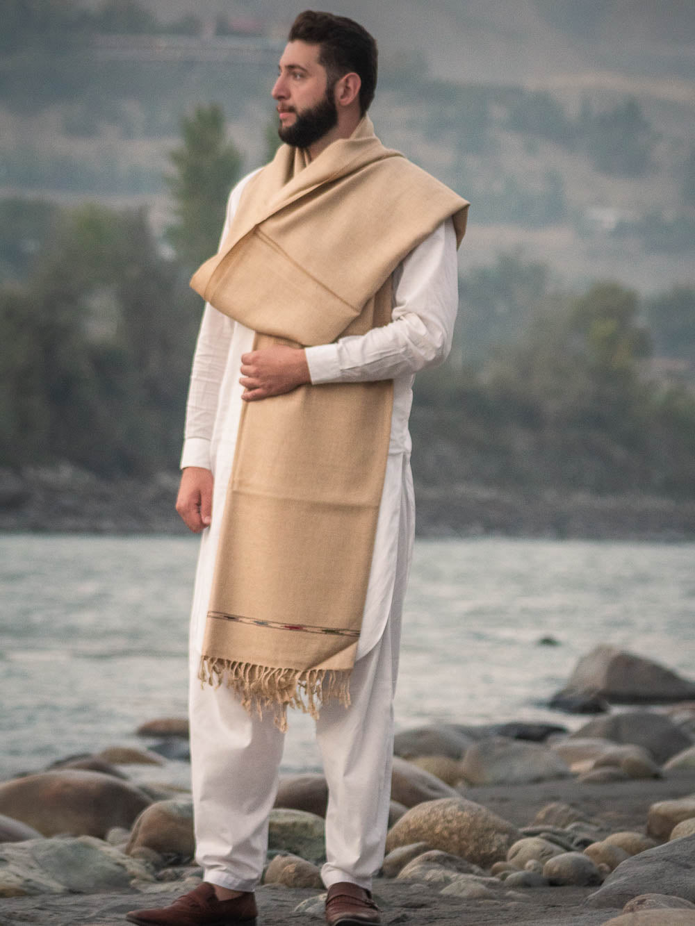 Handwoven Camel Color Pure Wool Shawl with Border - Lightweight - Chitral Wool