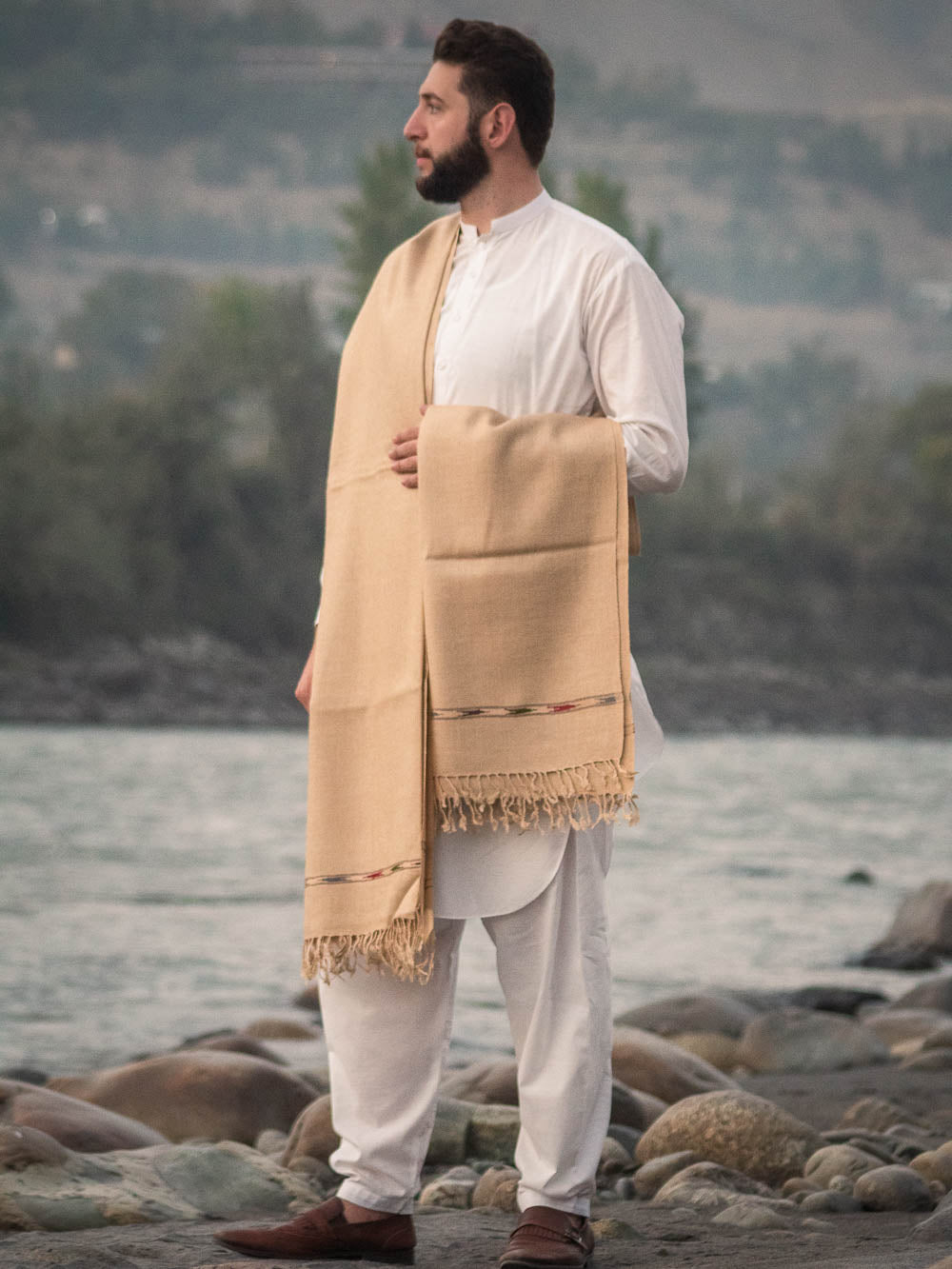 Handwoven Camel Color Pure Wool Shawl with Border - Lightweight - Chitral Wool