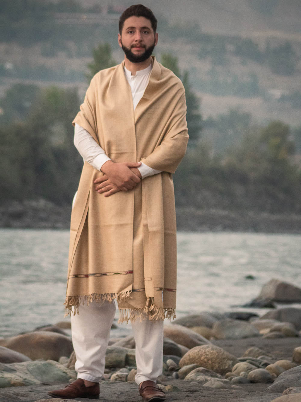 Handwoven Camel Color Pure Wool Shawl with Border - Lightweight - Chitral Wool