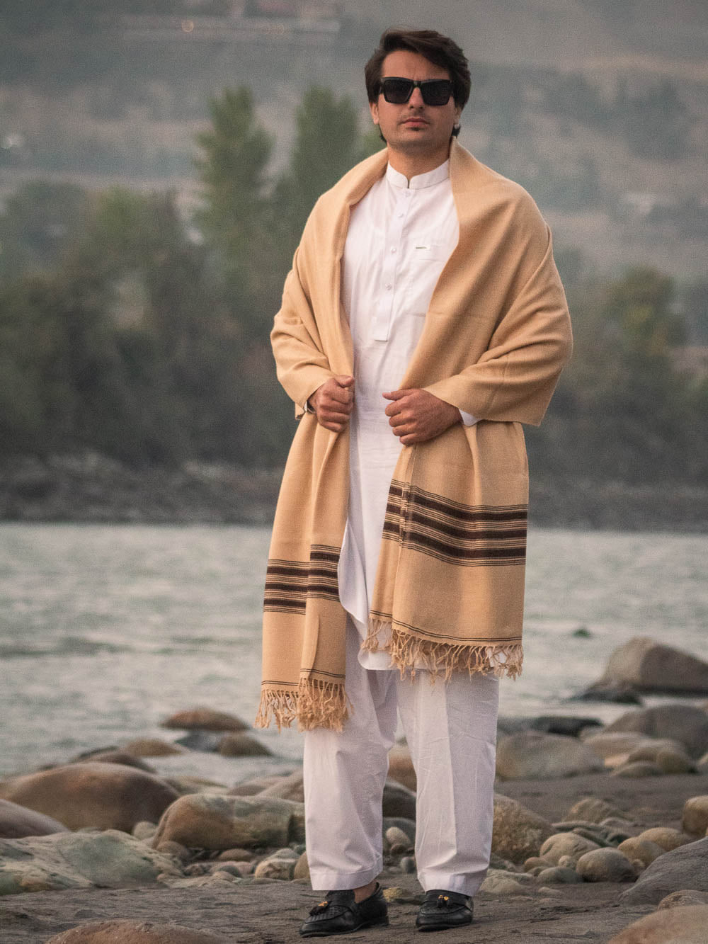 Handwoven Pure Wool Shawl with Border - Lightweight Deep Saffron Color - Chitral Wool