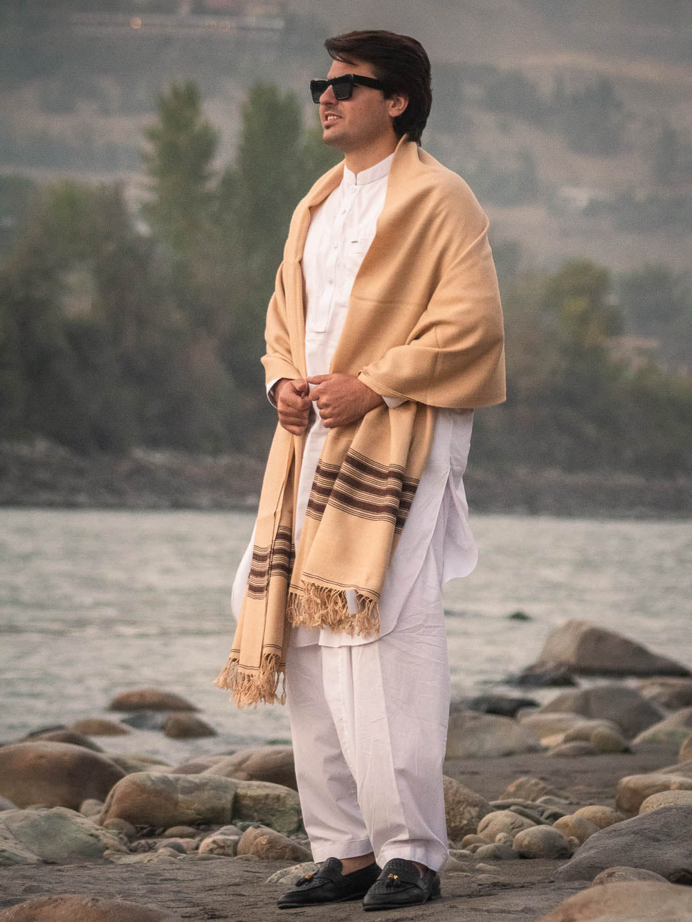 Handwoven Pure Wool Shawl with Border - Lightweight Deep Saffron Color - Chitral Wool