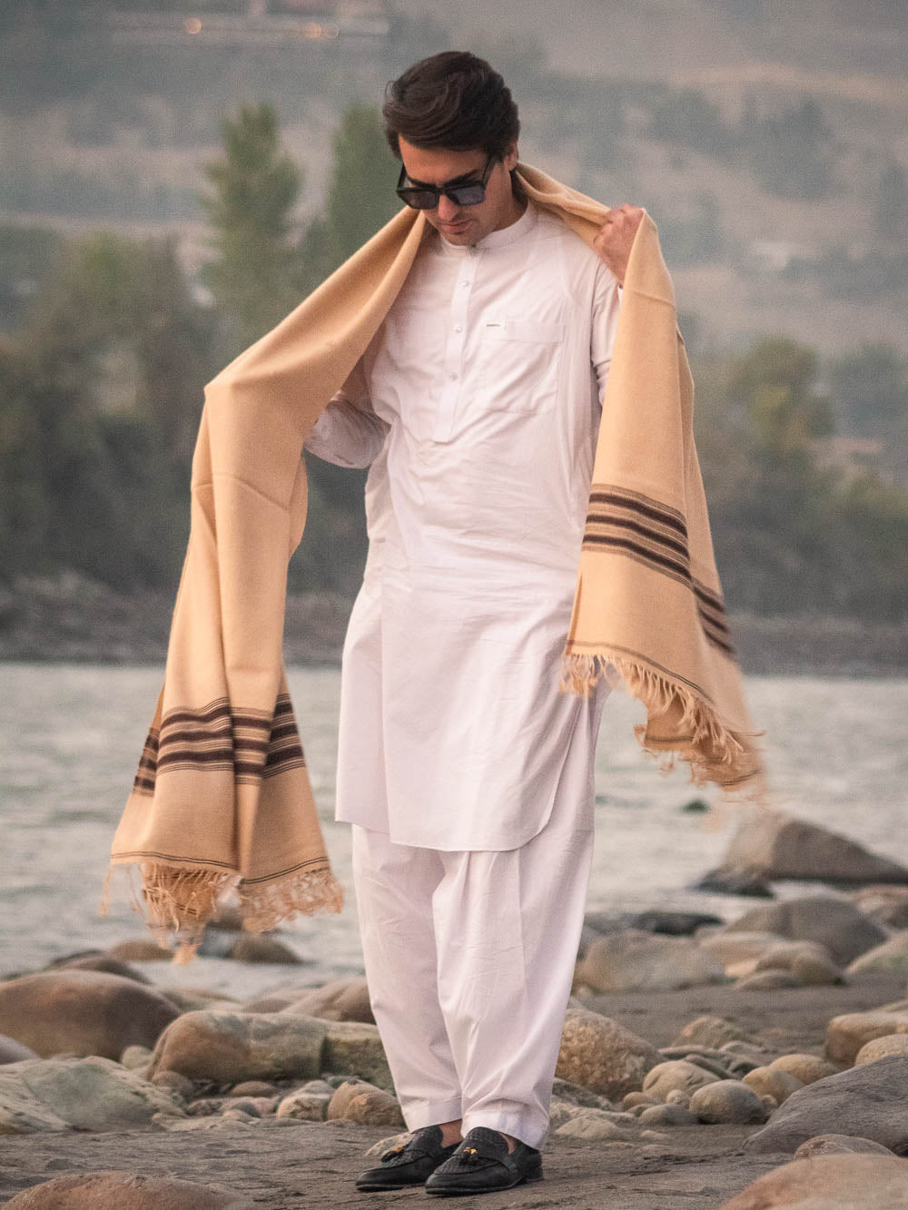 Handwoven Pure Wool Shawl with Border - Lightweight Deep Saffron Color - Chitral Wool