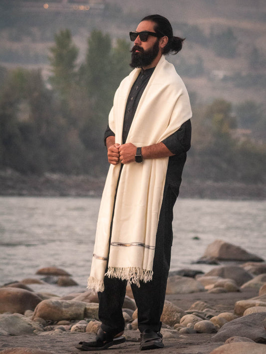 Lightweight Off White Swati Woolen Shawl for Men - Handwoven - Chitral Wool
