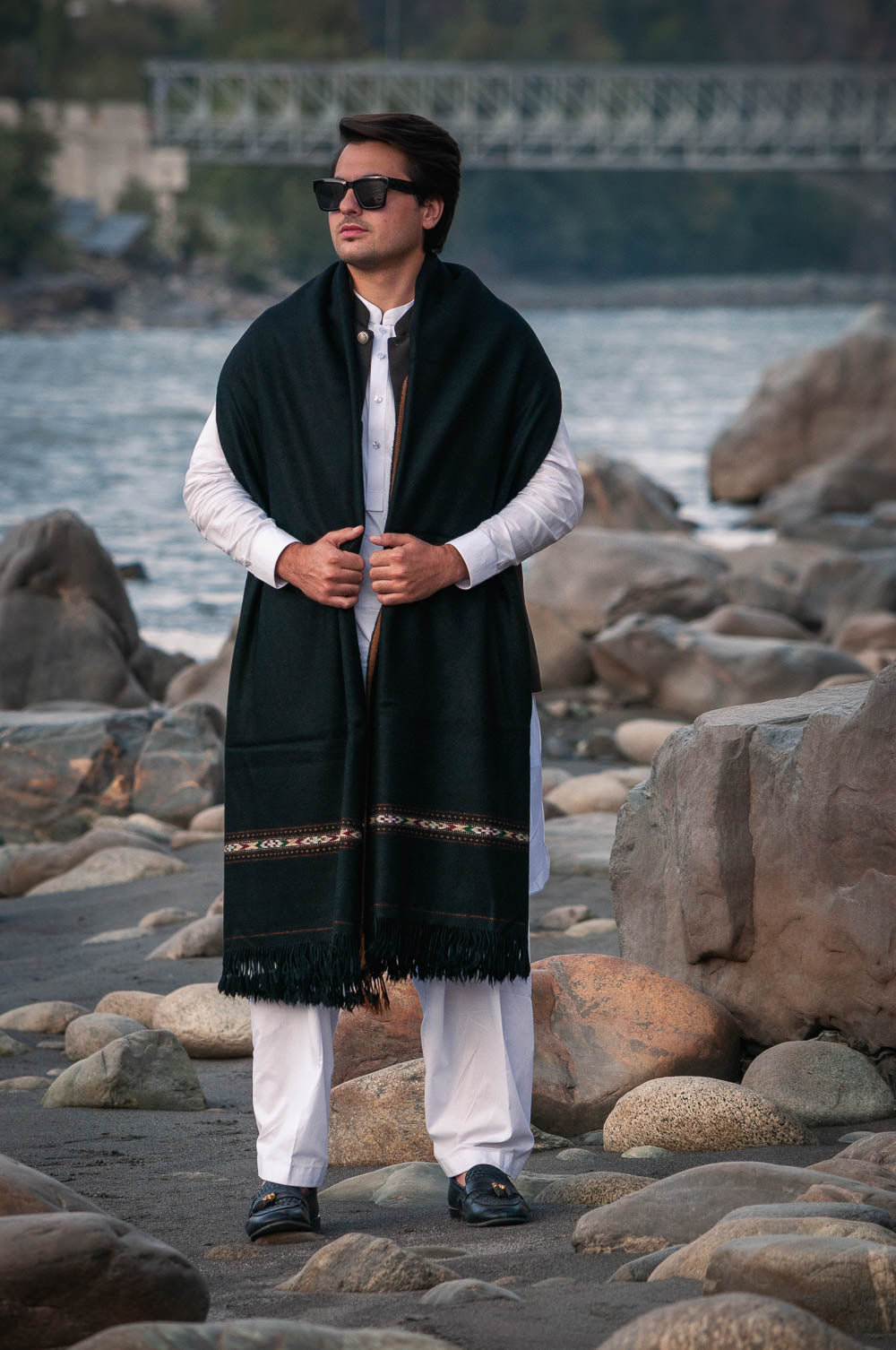 Chitral Mohair Woolen Shawl - Handmade Jet Black With Vibrant Heritage Border - Chitral Wool