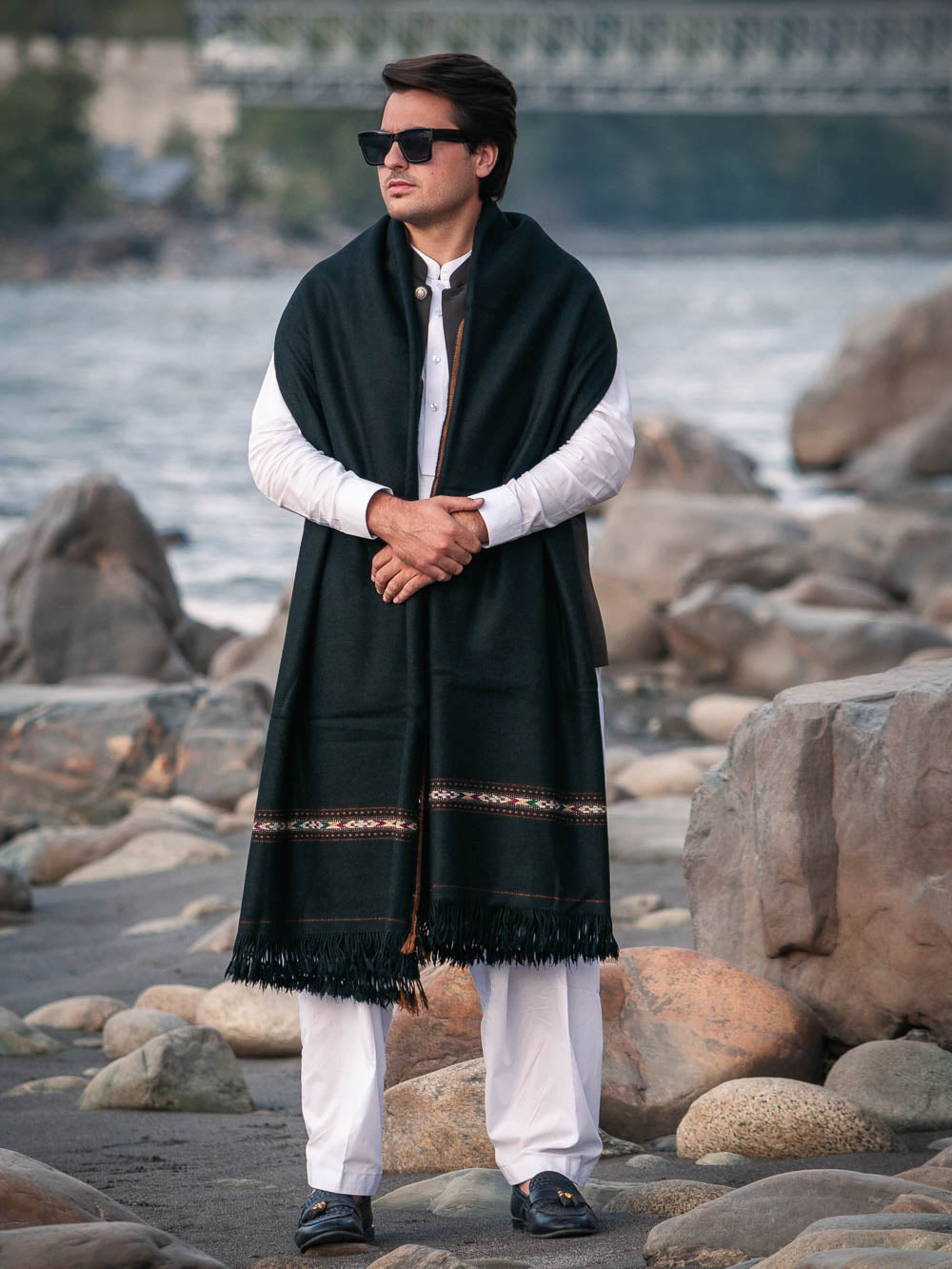 Chitral Mohair Woolen Shawl - Handmade Jet Black With Vibrant Heritage Border - Chitral Wool