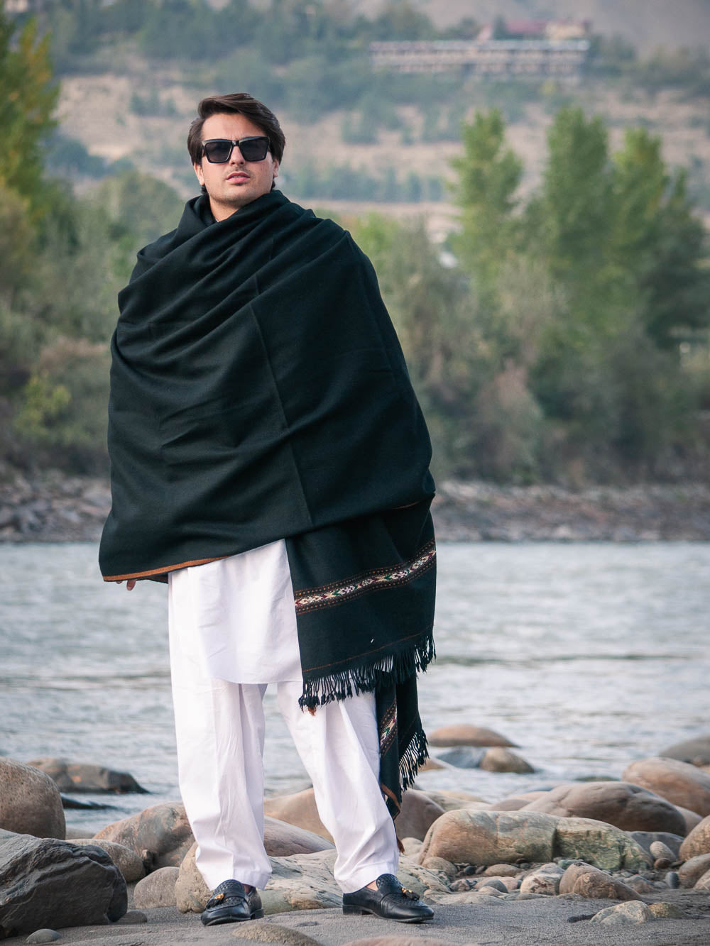 Chitral Mohair Woolen Shawl - Handmade Jet Black With Vibrant Heritage Border - Chitral Wool