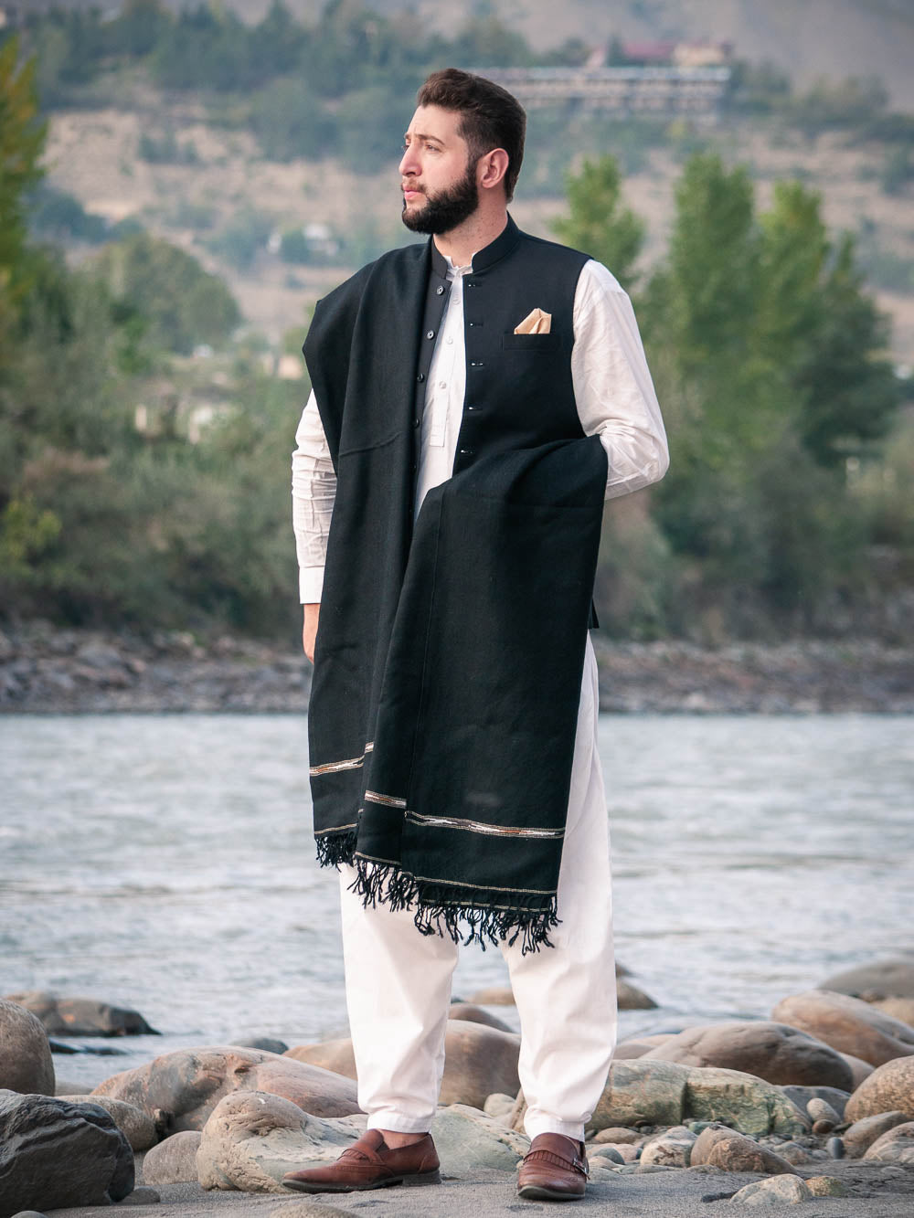 Black Swati Woolen Shawl for Men - Hand Made - Chitral Wool