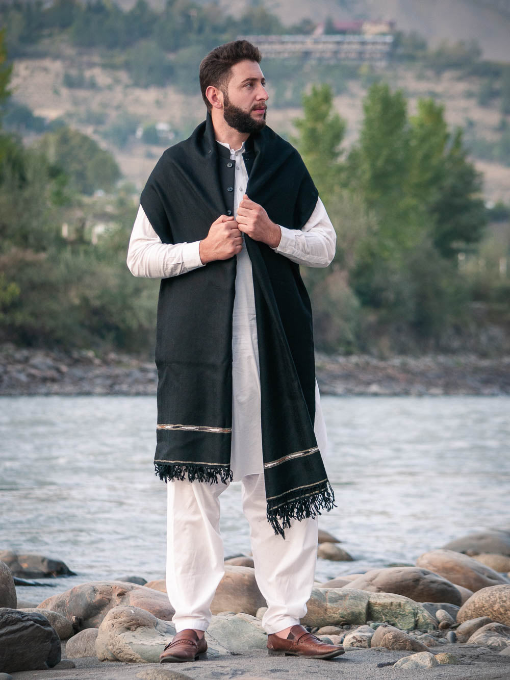 Black Swati Woolen Shawl for Men - Hand Made - Chitral Wool