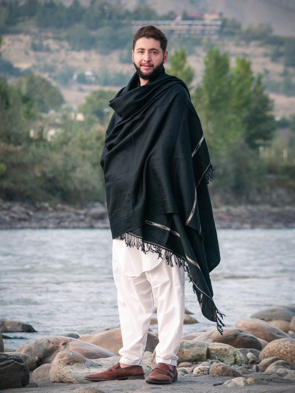 Black Swati Woolen Shawl for Men - Hand Made - Chitral Wool