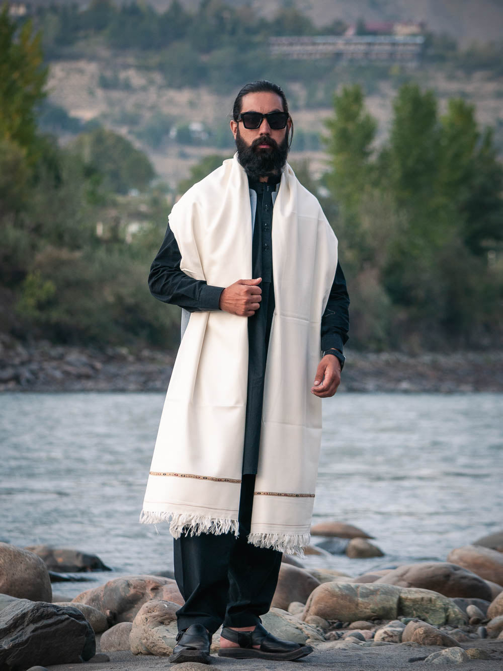 White Swati Wool and Nylon Fabric Shawl for Men - Chitral Wool