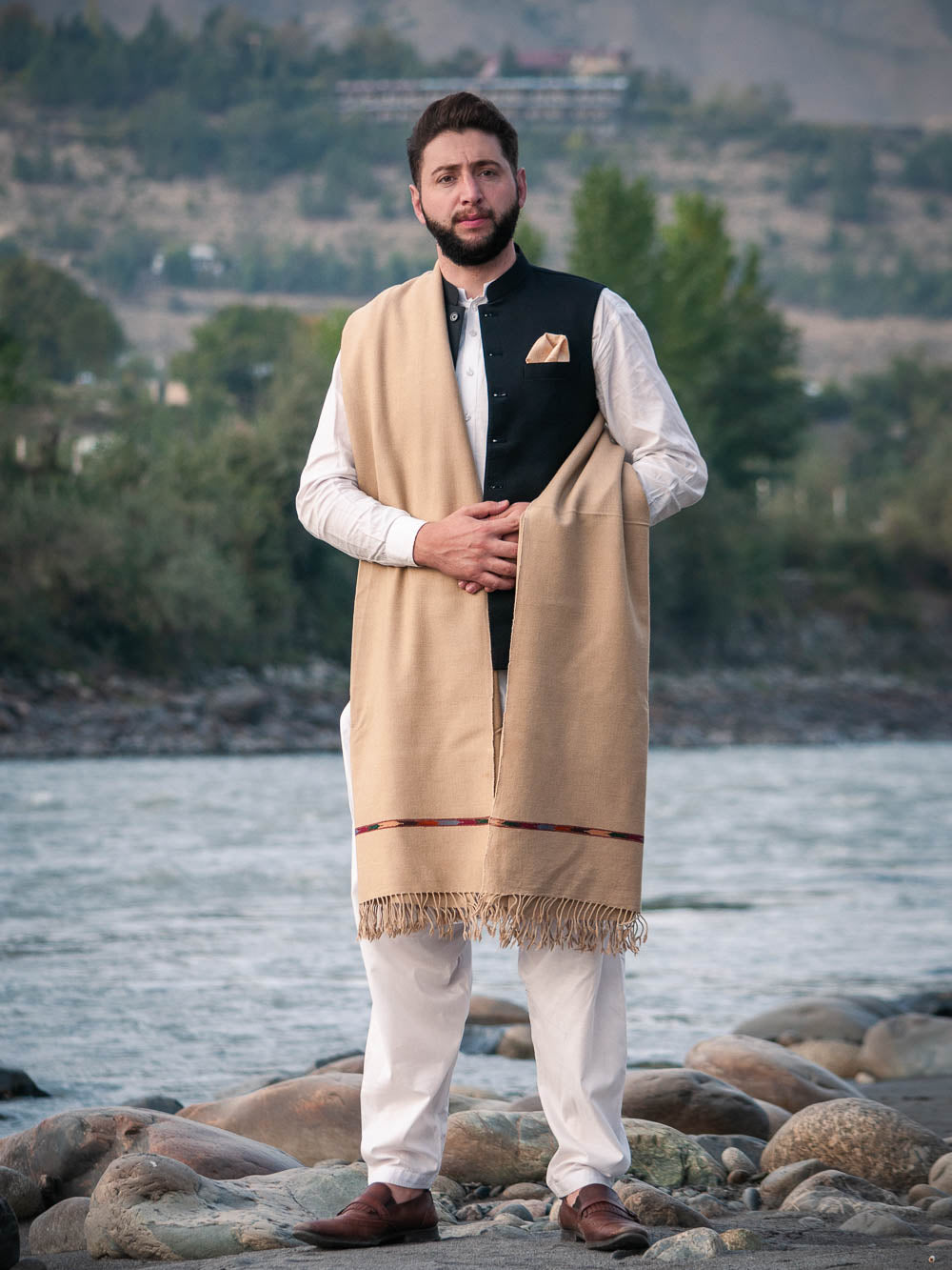 Premium Beige Pure Sheep Wool Shawl for Men - Handmade - Chitral Wool