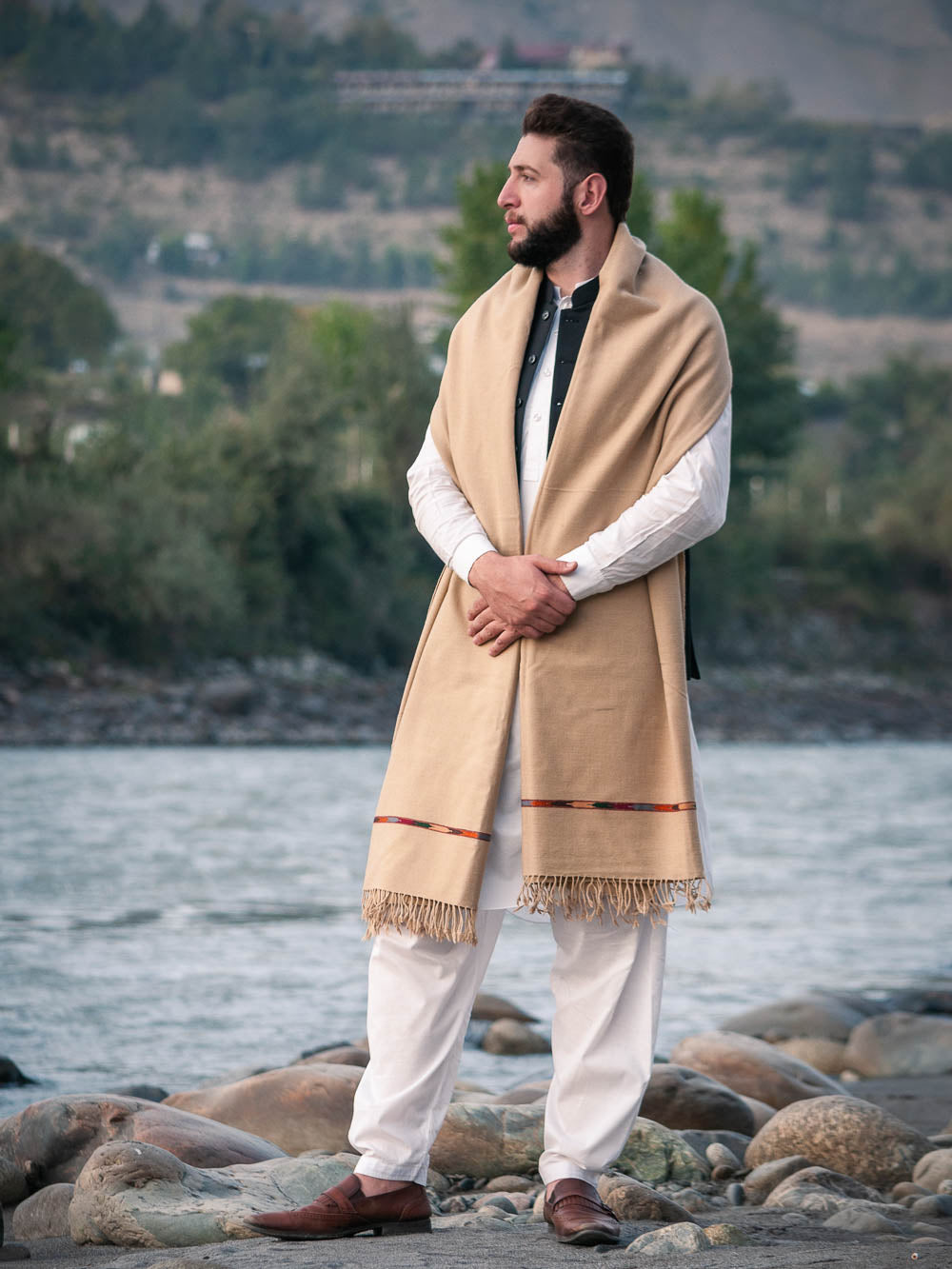 Premium Beige Pure Sheep Wool Shawl for Men - Handmade - Chitral Wool