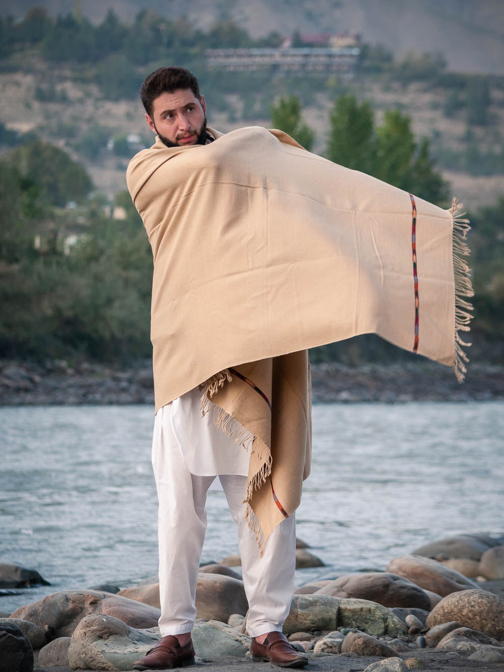 Premium Beige Pure Sheep Wool Shawl for Men - Handmade - Chitral Wool
