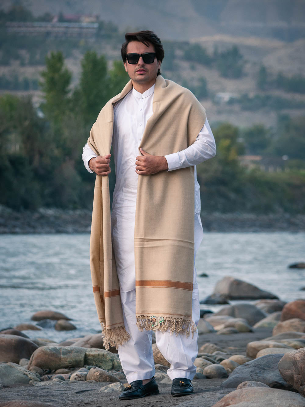 Premium Dairy Cream Color Pure Woollen Shawl for Men - Handmade - Chitral Wool