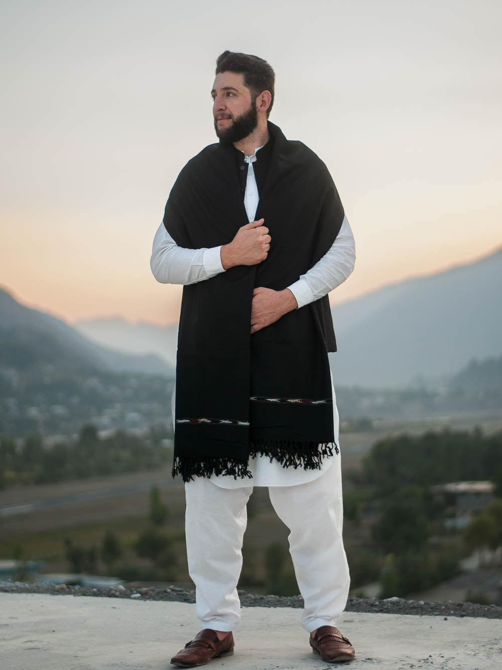 Black Color Swati Woolen Shawl for Men - Lightweight - Chitral Wool