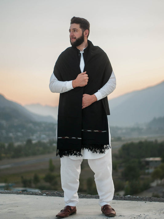Black Color Swati Woolen Shawl for Men - Lightweight - Chitral Wool