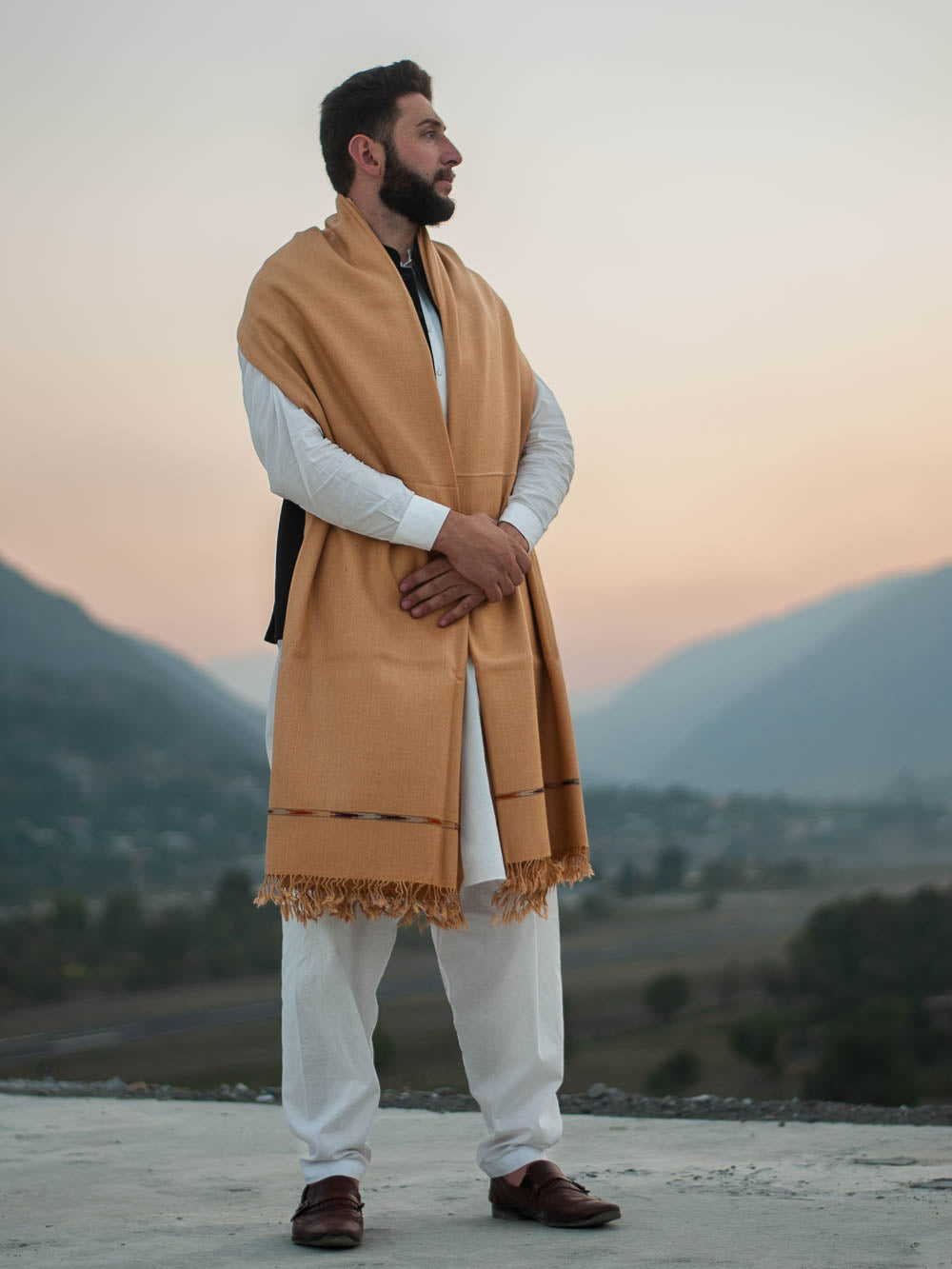 Saffron Color Swati Woolen Shawl for Men - Lightweight - Chitral Wool