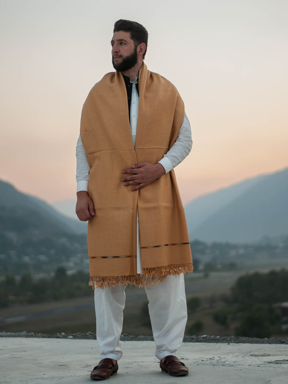 Saffron Color Swati Woolen Shawl for Men - Lightweight - Chitral Wool