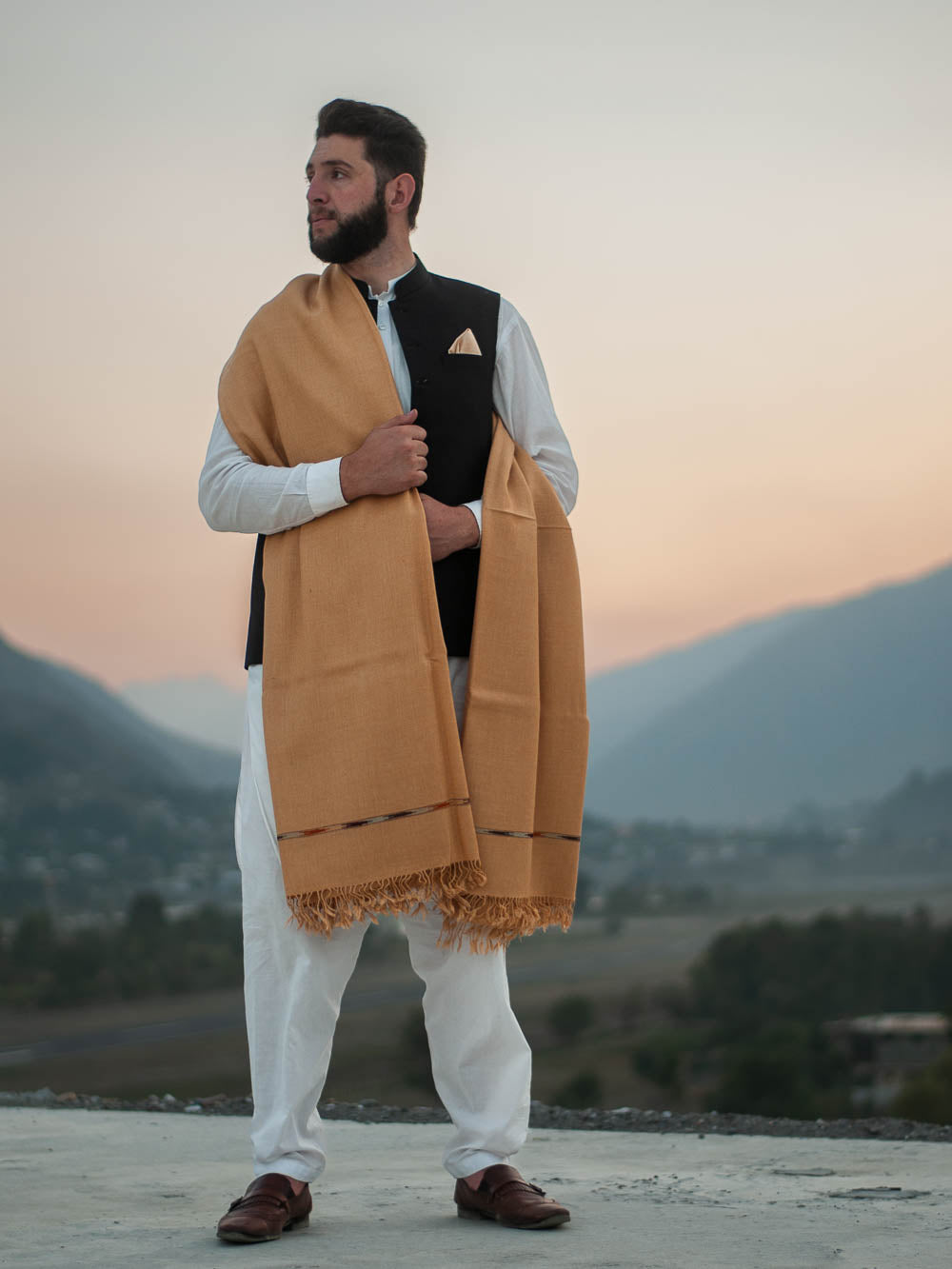 Saffron Color Swati Woolen Shawl for Men - Lightweight - Chitral Wool