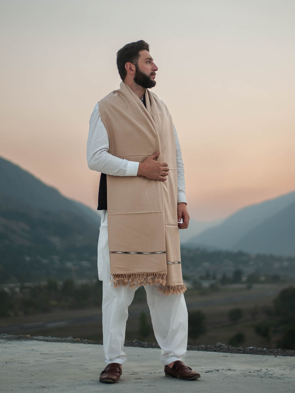 Camel Color Swati Woolen Shawl for Men - Handmade - Chitral Wool