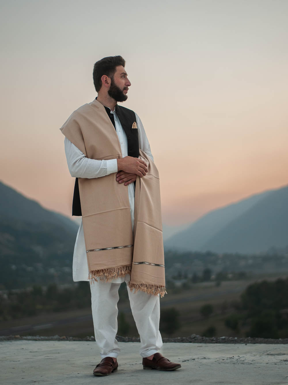 Camel Color Swati Woolen Shawl for Men - Handmade - Chitral Wool
