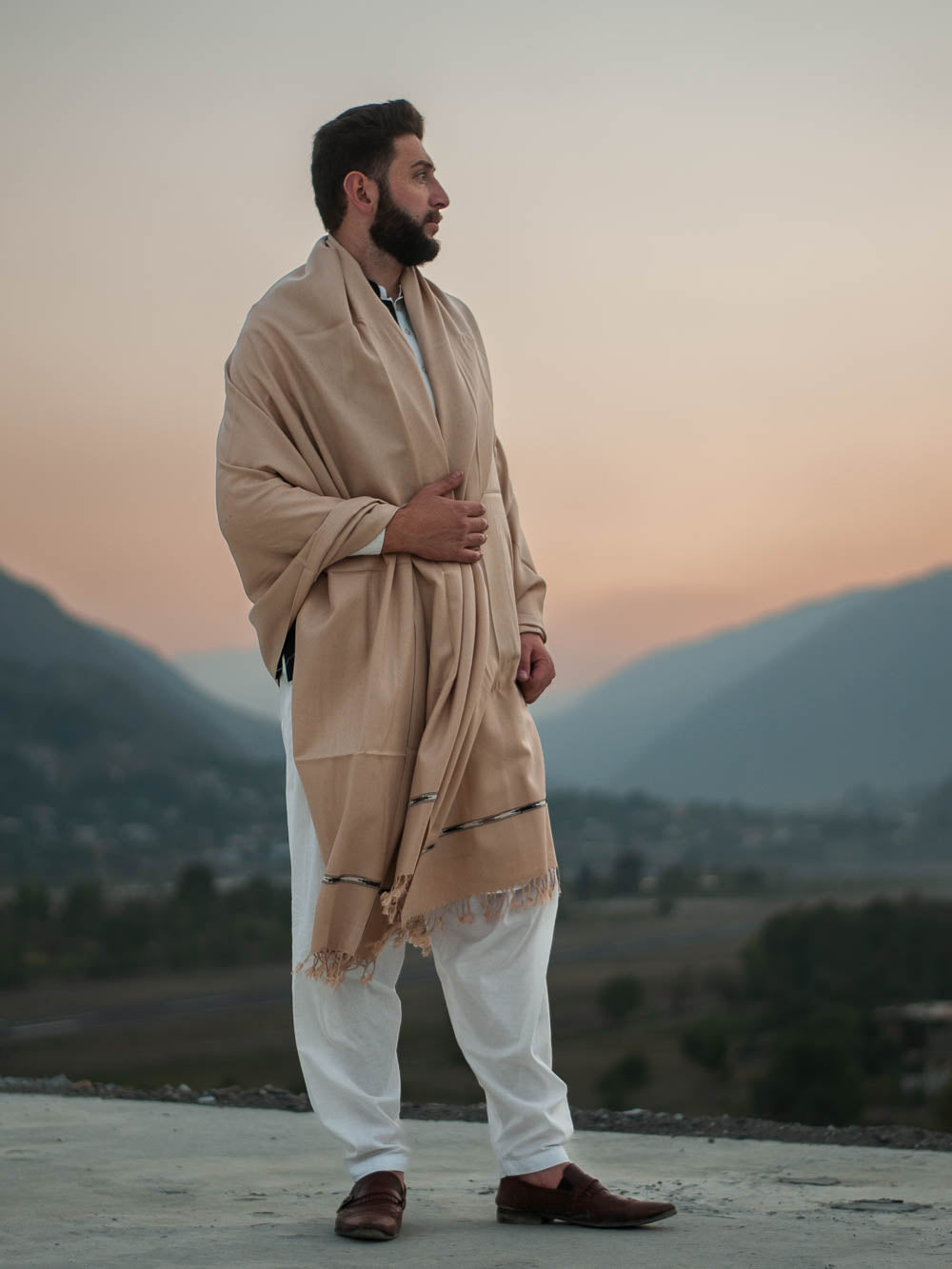 Camel Color Swati Woolen Shawl for Men - Handmade - Chitral Wool