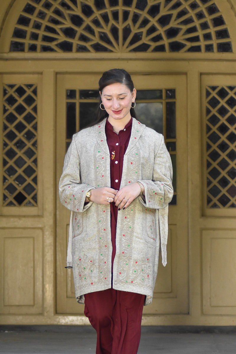 Chitrali Wool Women’s Handwoven Long Coat — Lightweight, Warm & Stylish - Creamish Color - Chitral Wool
