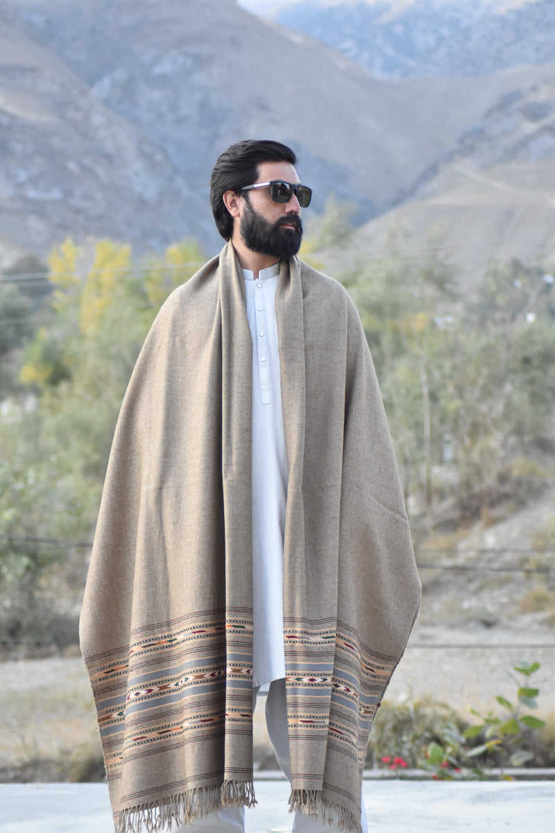 Mughal Heritage 2.0 Pure Wool Thick Shawl - Brown Shawl with Vintage Border Design - Chitral Wool