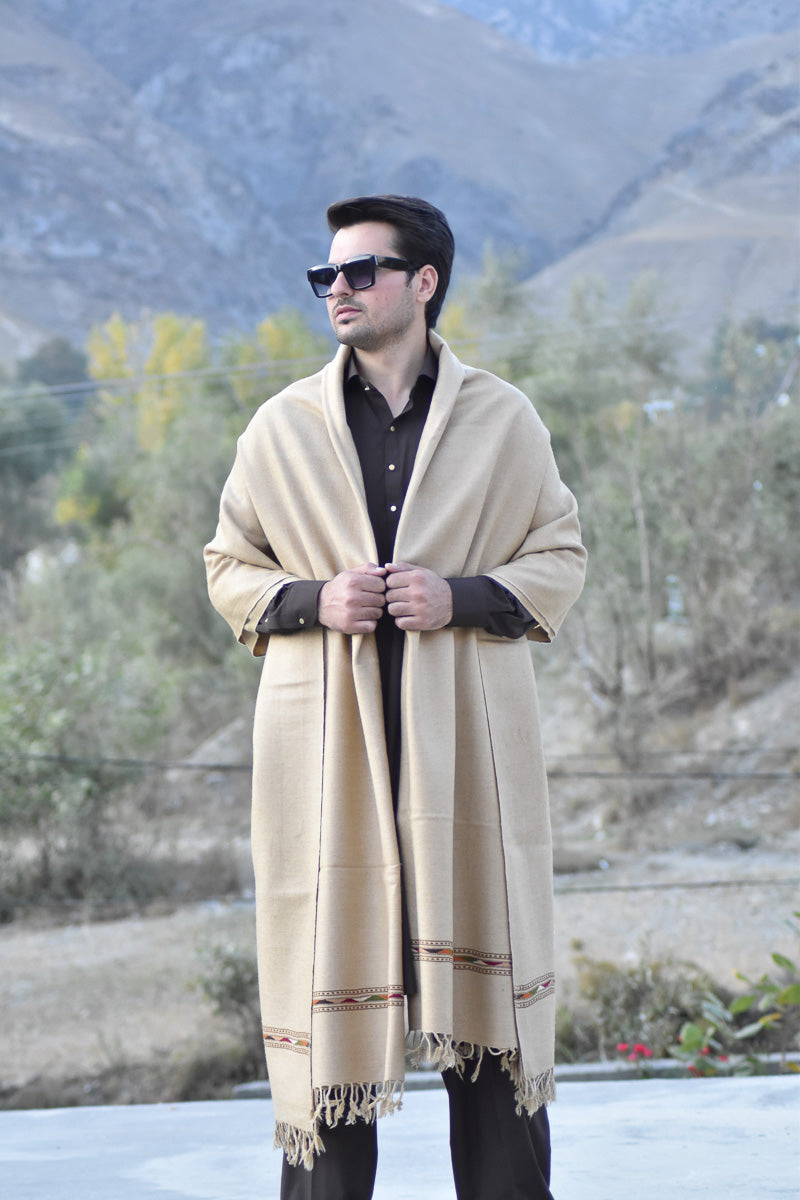 Handwoven Light Beige Pure Wool Shawl with Border - Lightweight - Chitral Wool