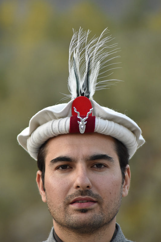 Chitrali Woolen Cap With Feather and Makhor Lapel Pin - Chitral Wool