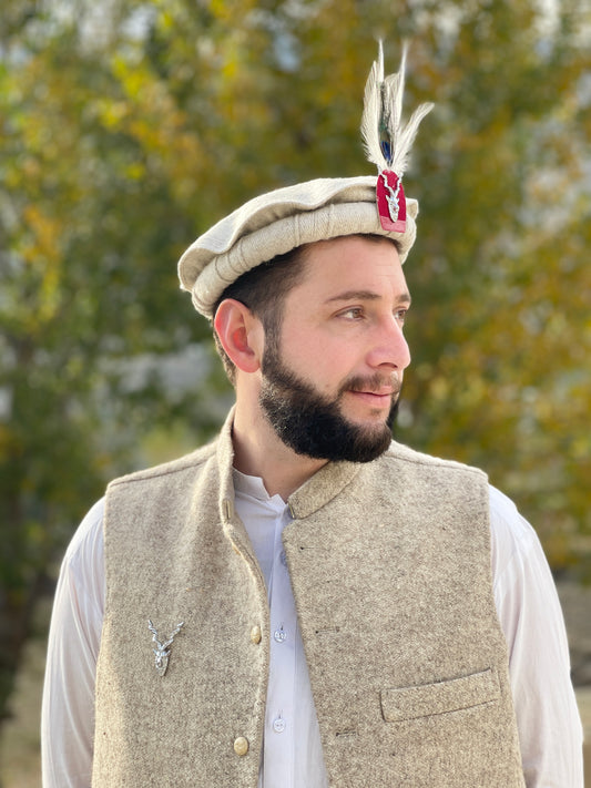 Chitrali Woolen Pakol With Feather and Makhor Lapel Pin - Chitral Wool