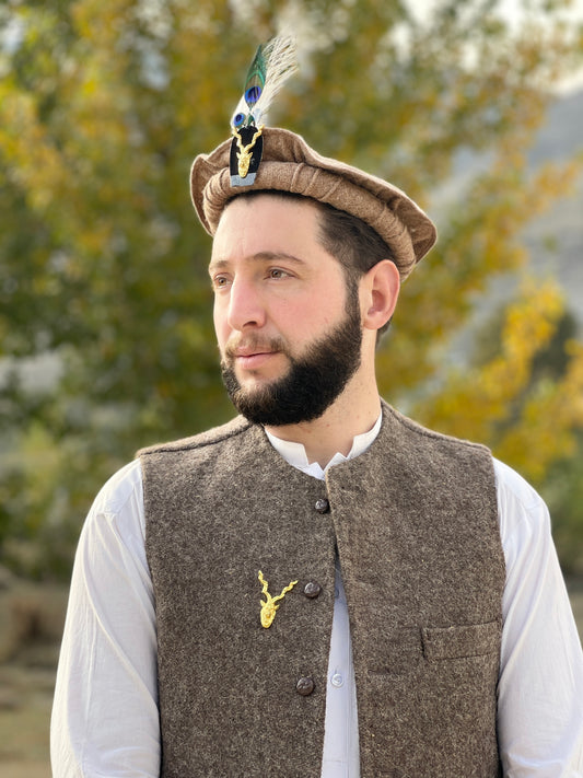 Chitrali Cap With Feather and Makhor Lapel Pin - Chitral Wool