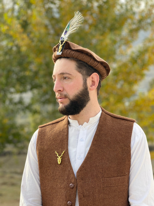 Chitrali Cap With Feather and Makhor Lapel Pin - Chitral Wool
