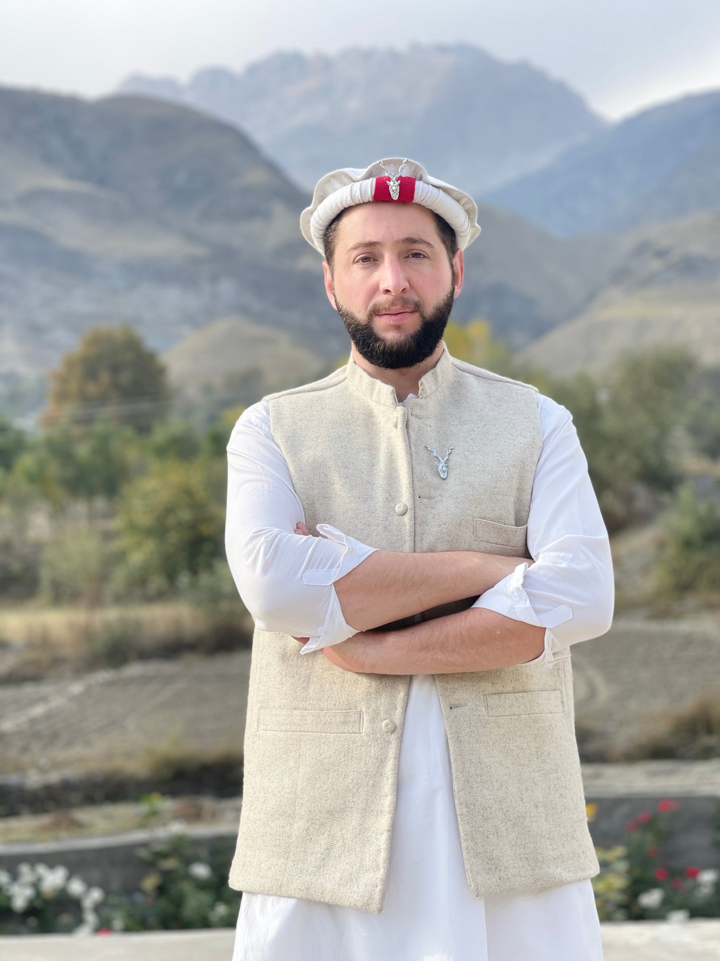 Chitrali Cap With Makhor Lapel Pin - Chitral Wool
