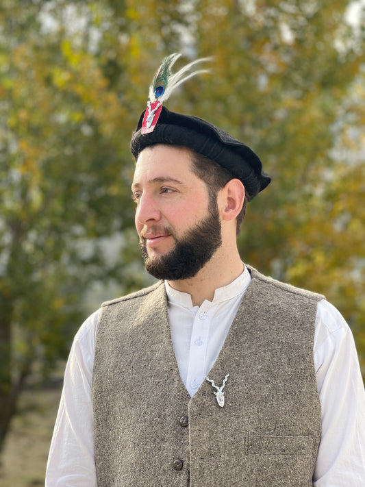 Chitrali Cap With Feather and Makhor Lapel Pin - Chitral Wool