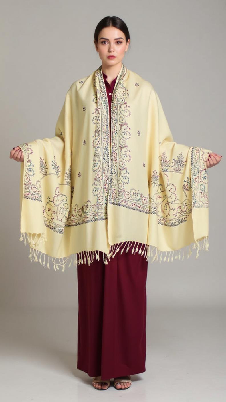 Handmade Embroidery Shawl for Women - Cream Color - Chitral Wool