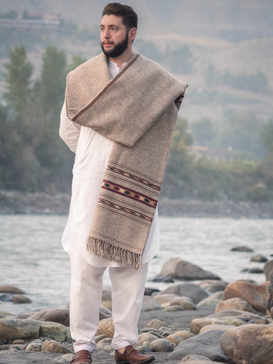 Mughal Heritage Pure Wool Thick Shawl - Brown Shawl with Vintage Border Design - Chitral Wool