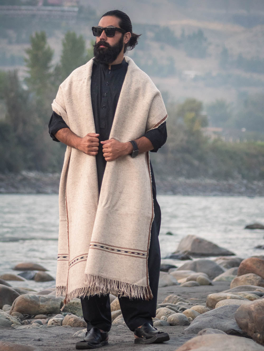 Vintage Cream Color with Texture Handwoven Thick Shawl - Bold Geometric Detailing - Chitral Wool