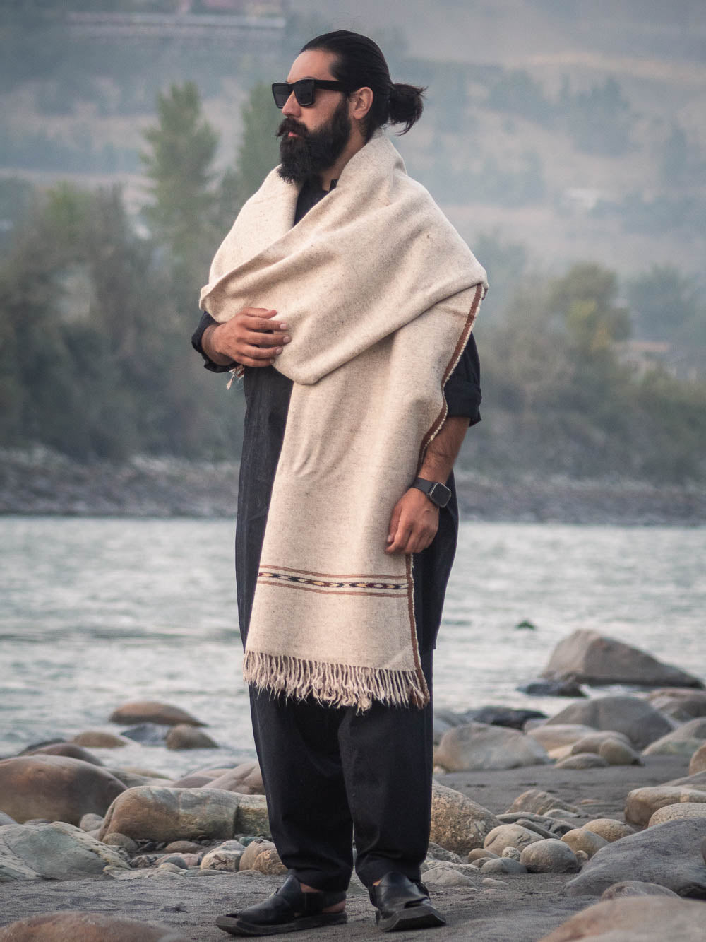 Vintage Cream Color with Texture Handwoven Thick Shawl - Bold Geometric Detailing - Chitral Wool