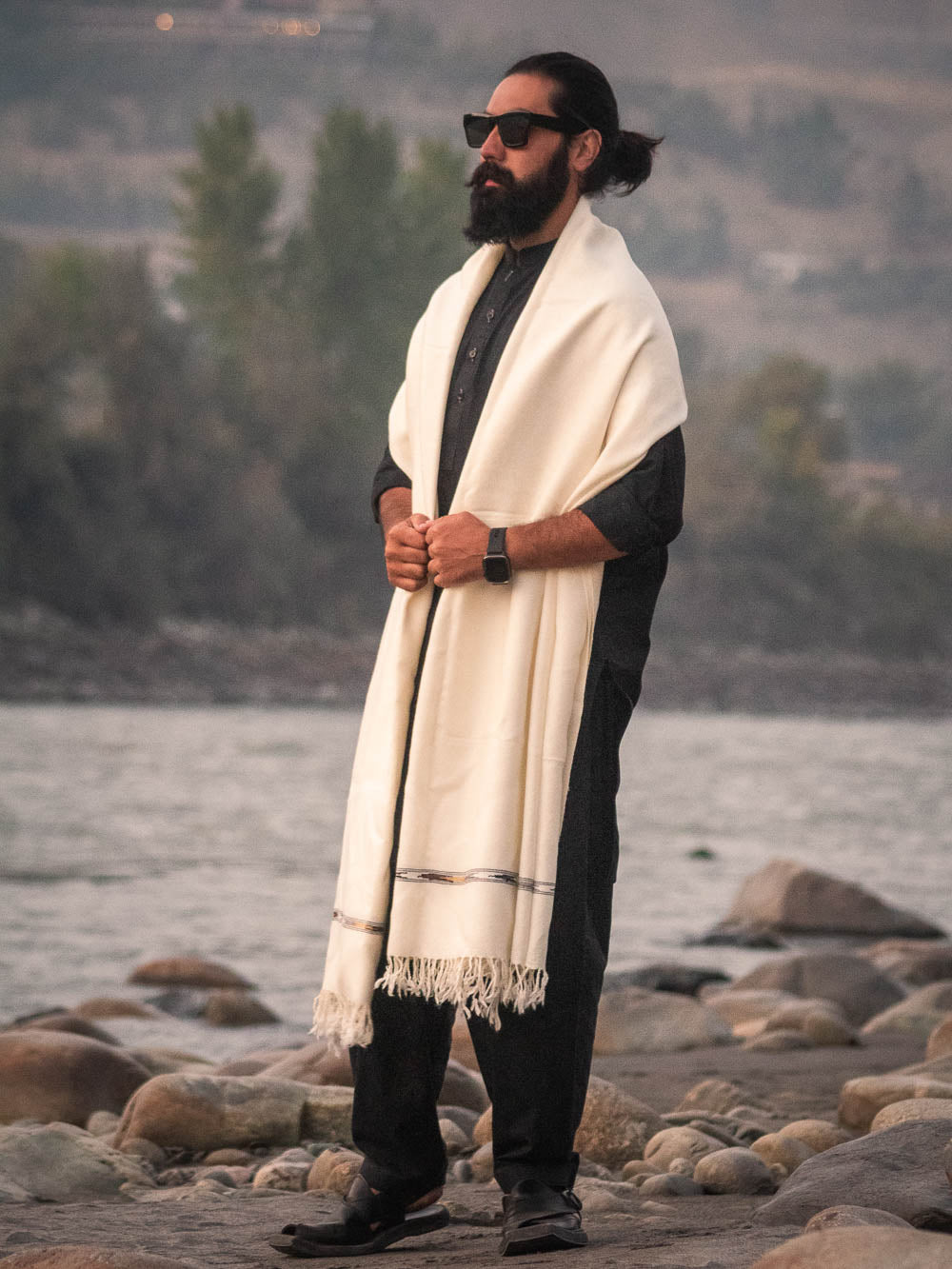 Lightweight Off White Swati Woolen Shawl for Men - Handwoven