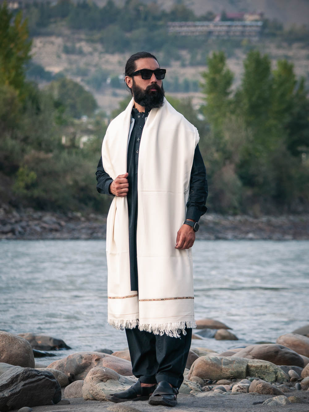 White Swati Wool and Nylon Fabric Shawl for Men