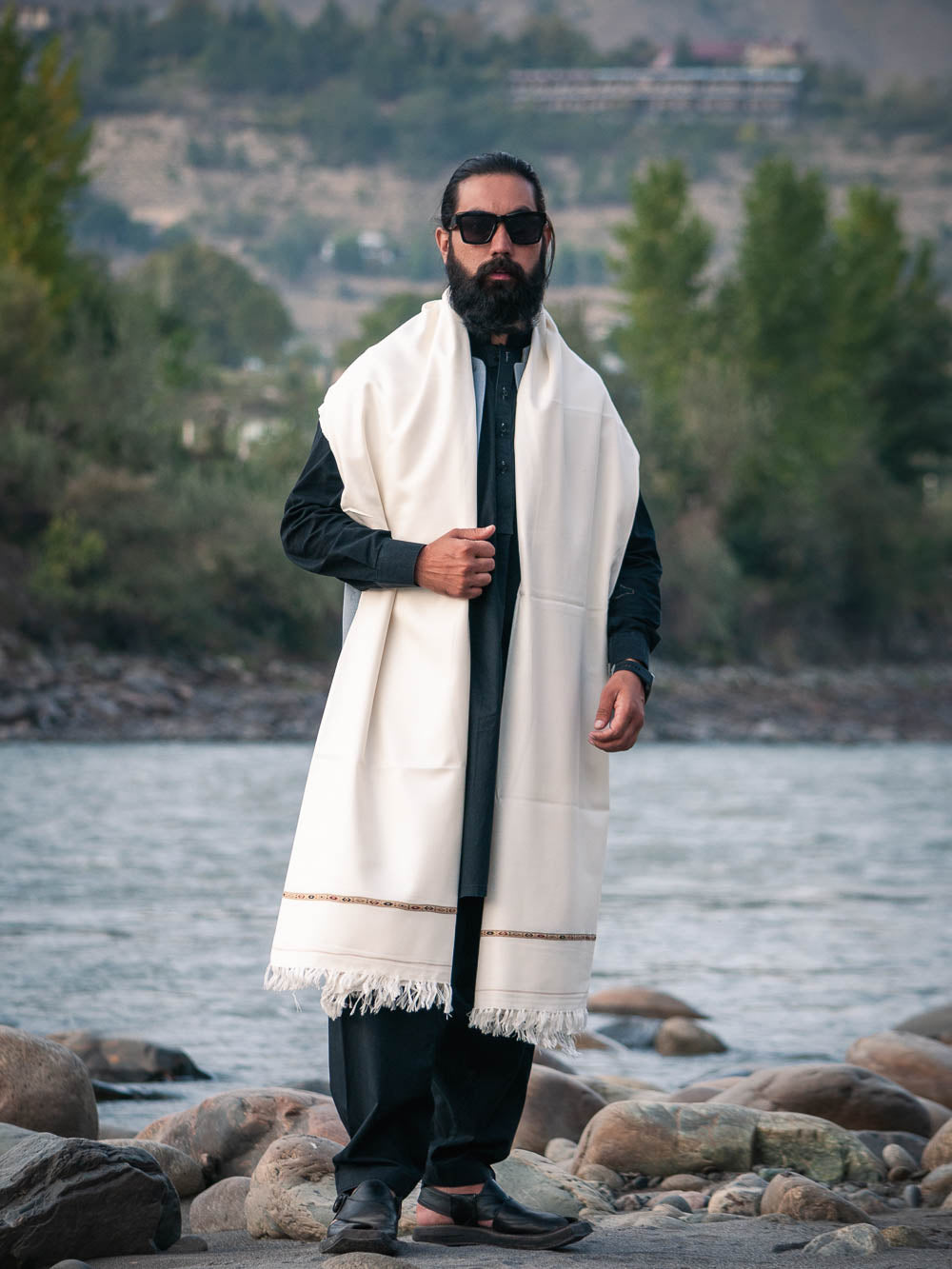 White Swati Wool and Nylon Fabric Shawl for Men