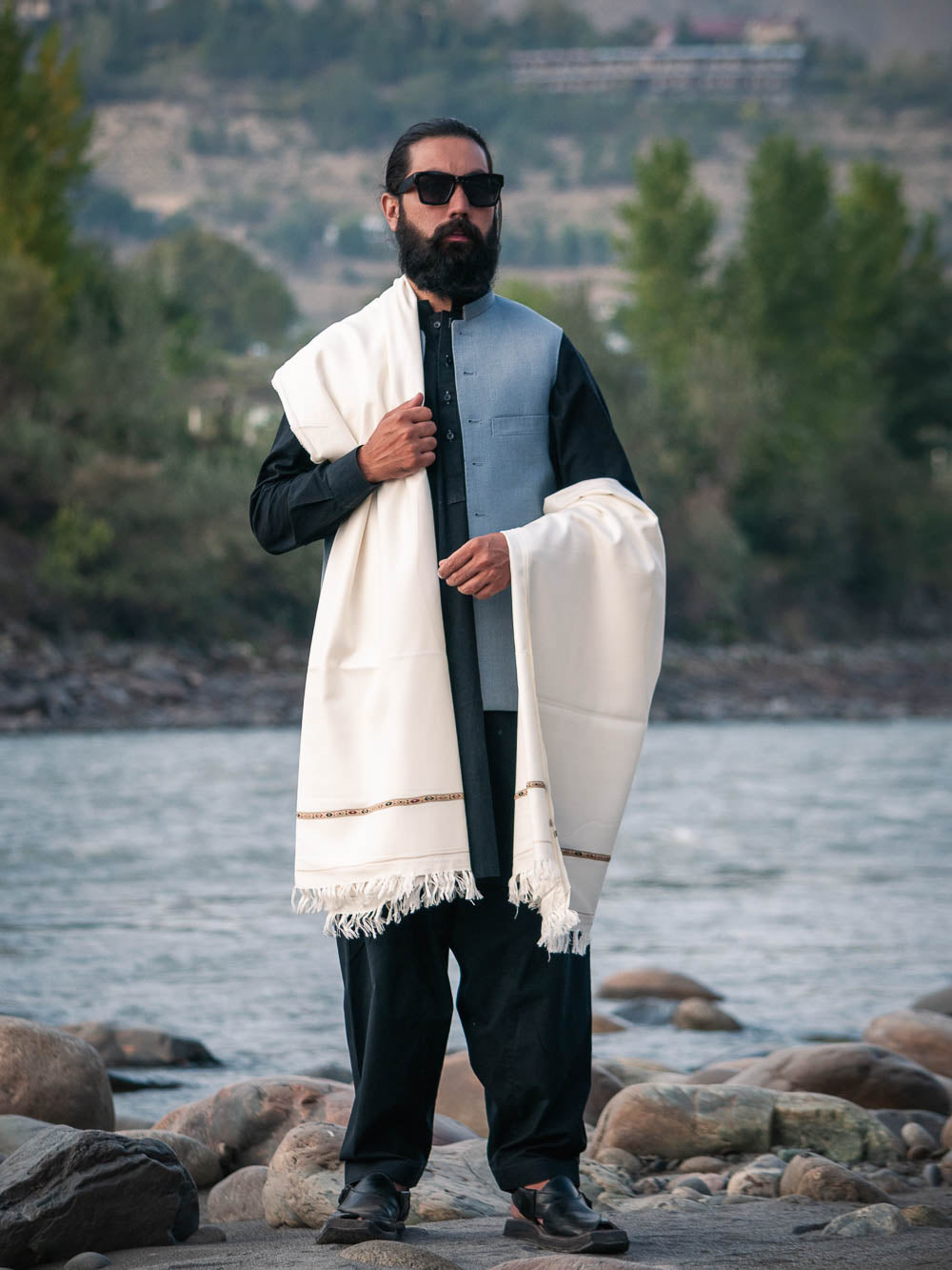 White Swati Wool and Nylon Fabric Shawl for Men