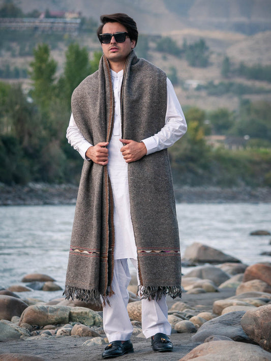 Chitral Umber Premium Sheep Wool Shawl - Thick Charcoal Brown Shawl with Red and Gold Tribal Border