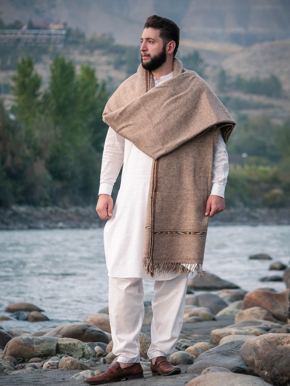 Chitral Highland Premium Sheep Wool Shawl - Handmade Thick Light Brown Shawl with Geometric Artistic Border - Chitral Wool