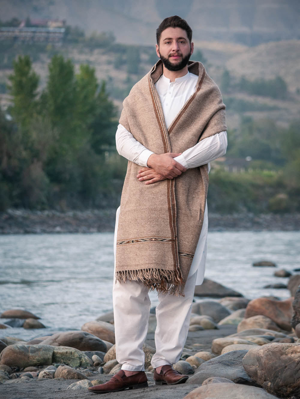 Chitral Highland Premium Sheep Wool Shawl - Handmade Thick Light Brown Shawl with Geometric Artistic Border - Chitral Wool